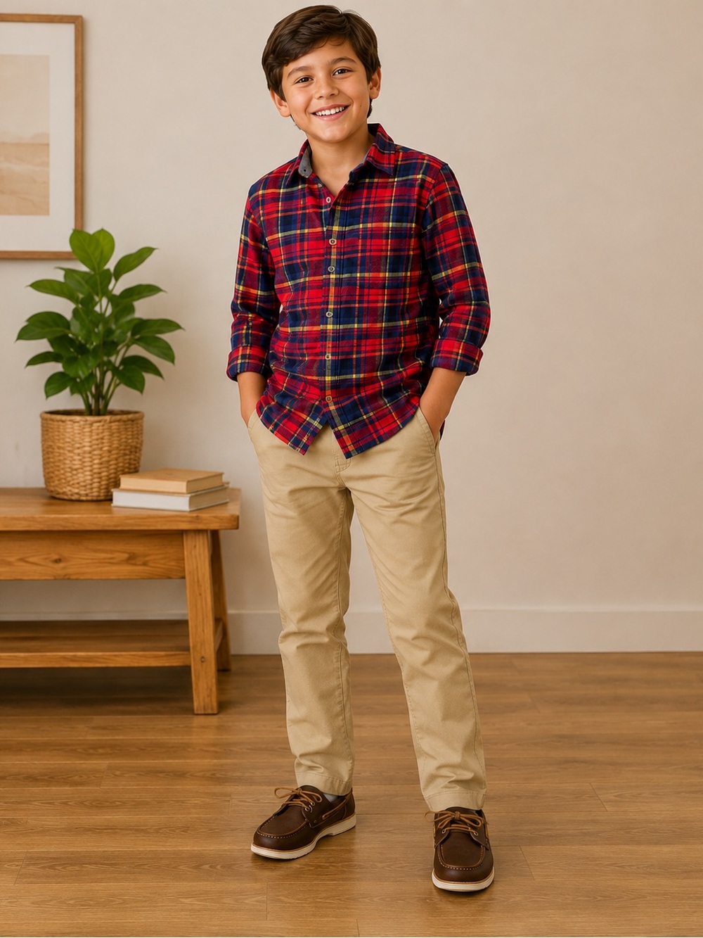 Boys Size 8/10 Outfit Bundle – Cat & Jack Plaid Shirt + Lands’ End Khaki Pants